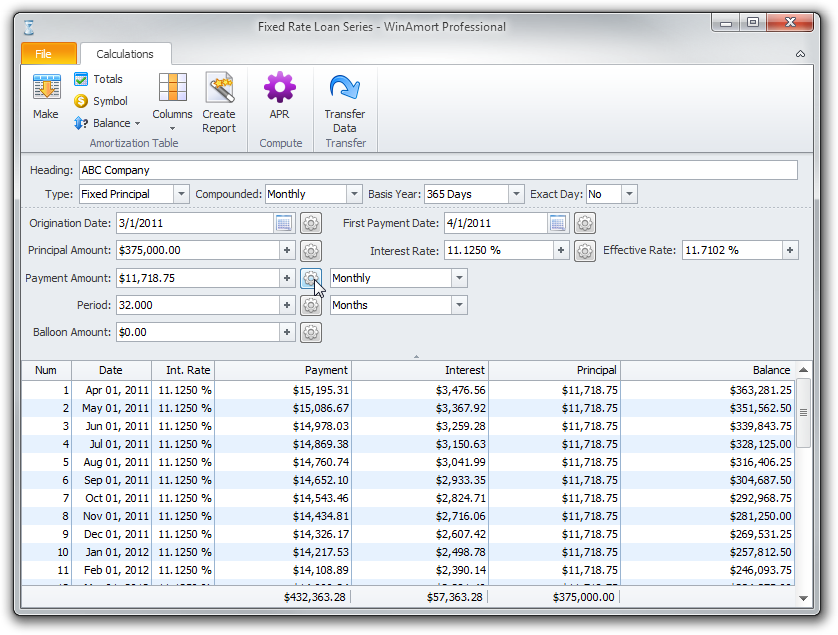 Fixed Principal Loan Example